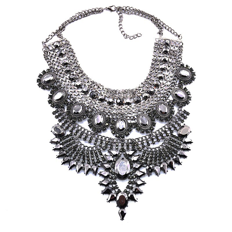 Indian Statement Big Chokers Necklace Women Crystal Large Collar Necklaces Female Big bib Necklace Boho Ethnic Costume Jewelry: grey