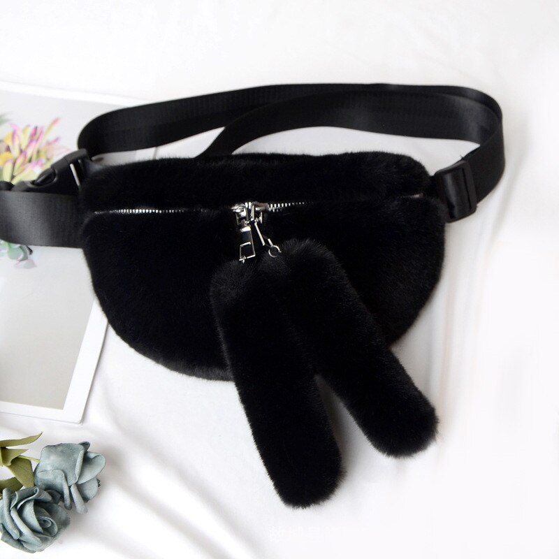 Women Travel Faux Fur Bag Belt Waist Bag Girls Handbags Women Casual Lapel Shoulder Bag Tote Bag: black