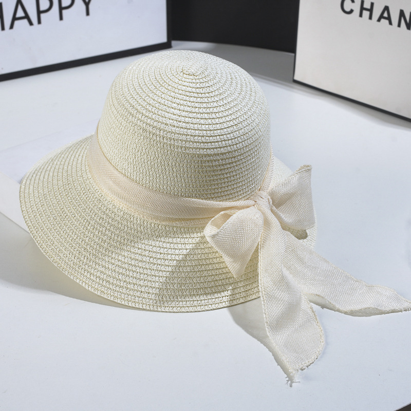Beach Hat Japanese Everything Hairy Edge Straw Hats Female Summer Flat Top Outing Sun Hats Small Fresh Bow Sun Shade Beach Hat: WHITE