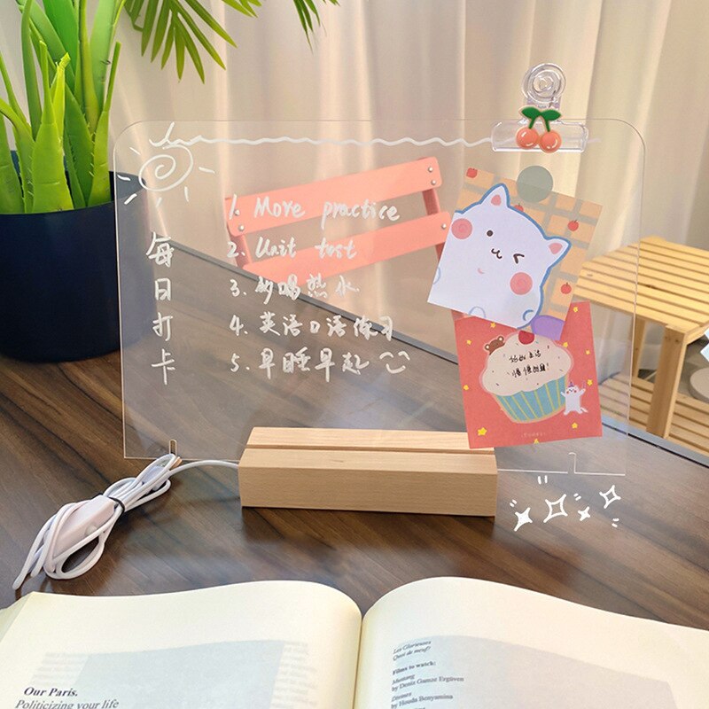 Acrylic Note Board Usb Memo Message Board For Sticky Notes Name Card Phone Holder Desktop Decoration Night Light