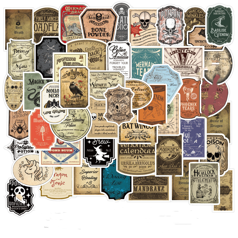 10/50pcs Potion Label Cartoon Stickers Vsco Vinyl Stickers for Water Bottles Waterproof Stickers for Kids Girls: 50pcs