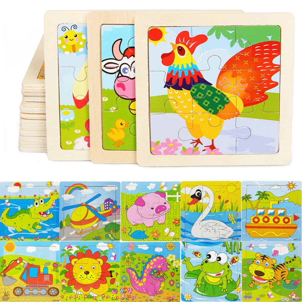 3D Puzzle Wooden Toys jigsaw puzzle Cartoon Animal Traffic Puzzles for Kids Educational Cognitive Toy 9 Pieces 11x11cm