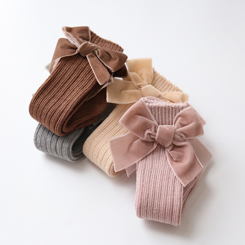 Autumn Winter Children Accessories Kid Girls Royal Style Knee High Socks Tights.Baby Toddler Velvet Bow Knot In Tube Socks 0-3Y