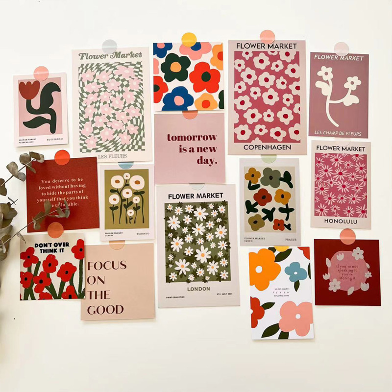 Tarjeta decorativa de mercado de flores artísticas Ins, postal colorida creativa, fondo de sala de dormitorio, pegatina de pared, accesorios para fotos, 15 hojas