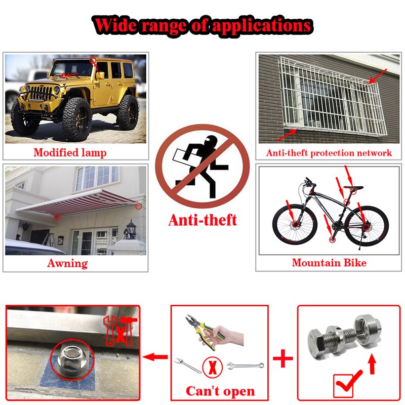Tornillos antirrobo de seguridad, Tuercas de perno M6 M8 M10, Perno de acero inoxidable 304, accesorios para toldo de bicicleta de montaña, luz LED