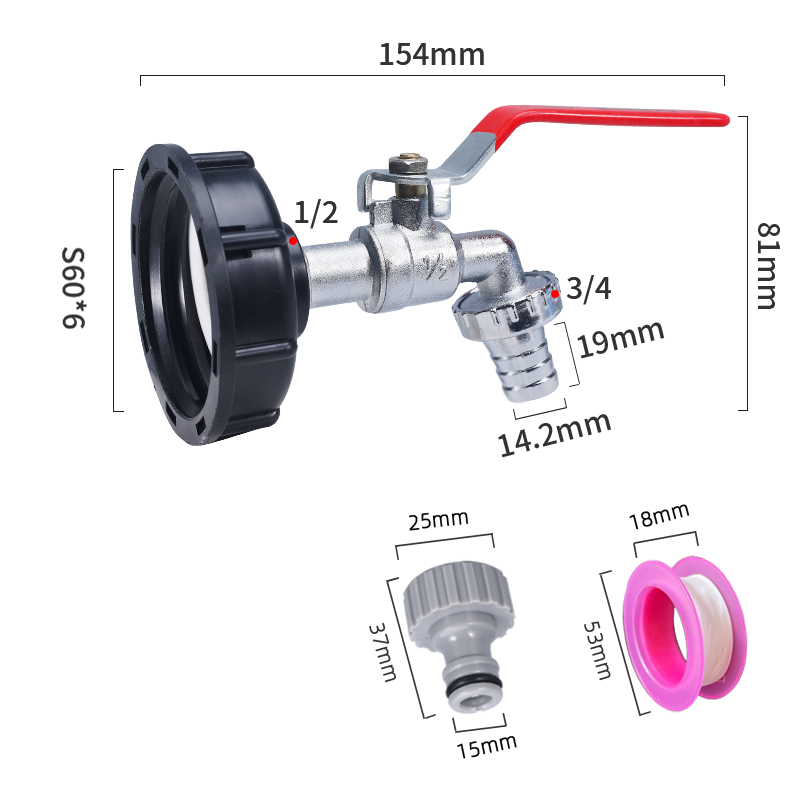 S60x6 Coarse Thread IBC Tank Tap Connecter x 1/2'' 3/4'' Water Coupling Adapter 1000L Garden Home Replacement Valve Fitting: black