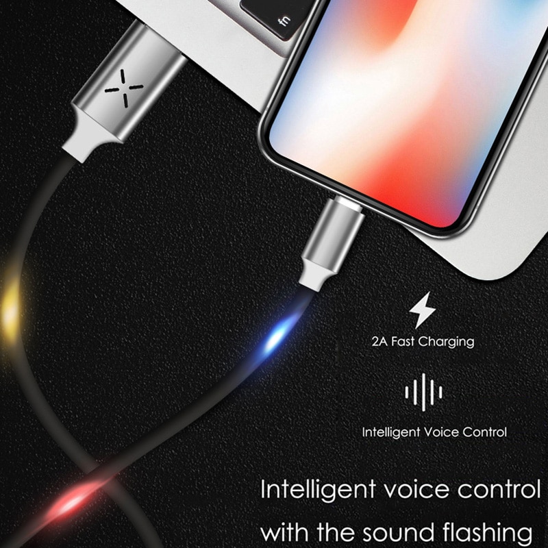 Voice Control USB Kabel - 1m Lichtgevende Oplaadkabel met LED voor Type-C, Micro USB, iPhone