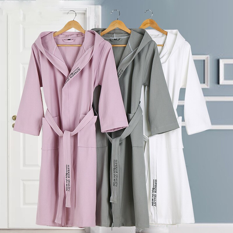 Lovers Summer Waffle Bathrobes Men Hooded 100% Cotton Suck Water Kimono Nightgowns Plus Size XXL Spa Bath Robe Spring Autumn