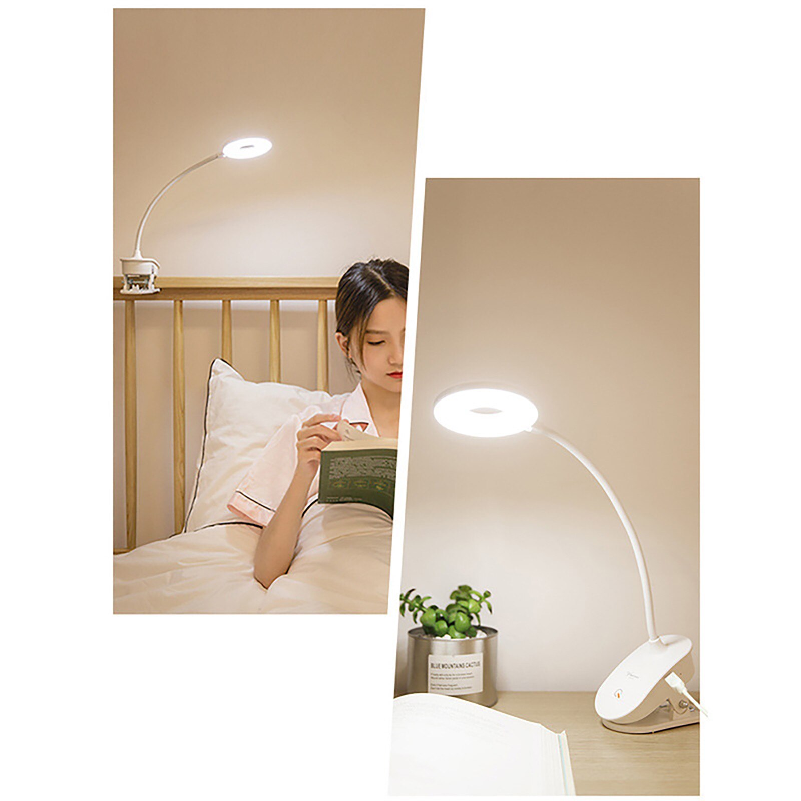USB Rechargeable Led Clamp Desk Lamp Gooseneck Touch Dimming Clip On Reading Light For Book Bed and Computer 3 Color Modes