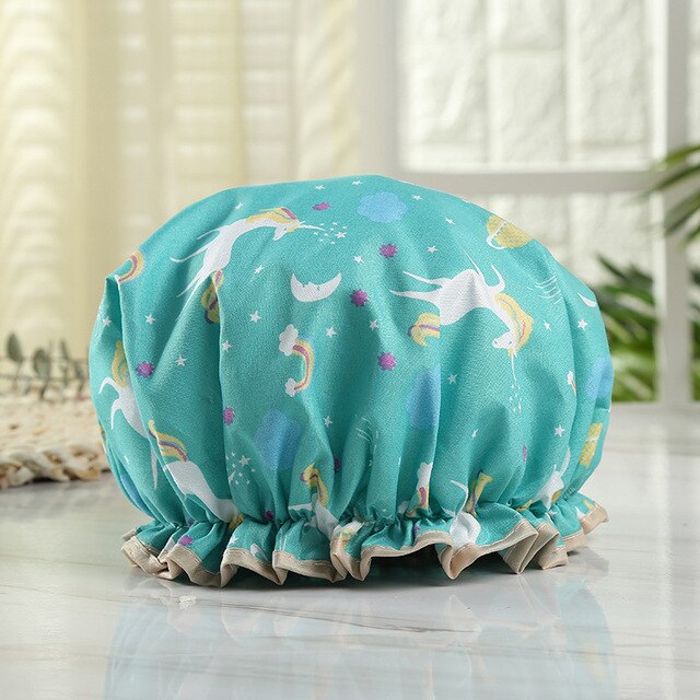 Waterdichte Douche Cap Dubbele Lagen Bad Cap Met Verstelbare Elastische Band, stijlvolle Douche Cap Voor Vrouwen Lange Dikke Haar: UnicornBlue