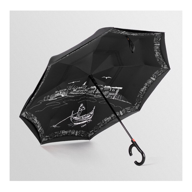 C-krog håndtag omvendt paraply dobbeltlag uv beskyttelse vindtæt bil paraply til kvinde semi-auto omvendt paraply mænd: Venedig