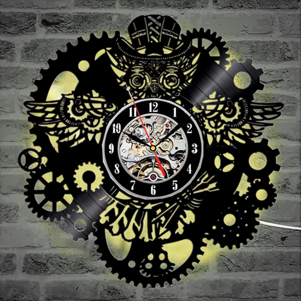 Owl Vinyl Record Wall Clock Gear Cogs Night Owl Steampunk LED Wall Clock Home Decor Cogwheels Animal Wall Watch Modern