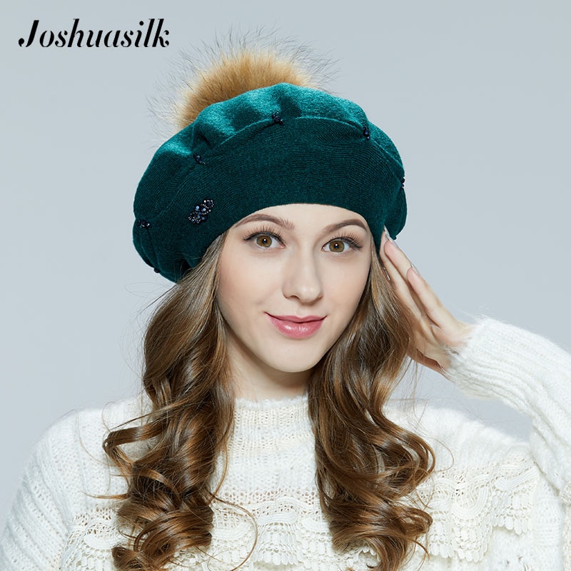 JOSHUASILK-gorro de lana de punto para mujer, boinas con hebilla de pellizco, decoración de POM mapache, sólido, otoño e invierno,