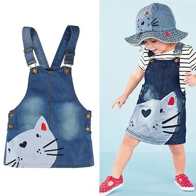 Barn bebis flicka sommar jeansrem overall klänning jumpsuit soldräkt kort kjol kostym katttryck ärmlösa prinsesskläder sundress