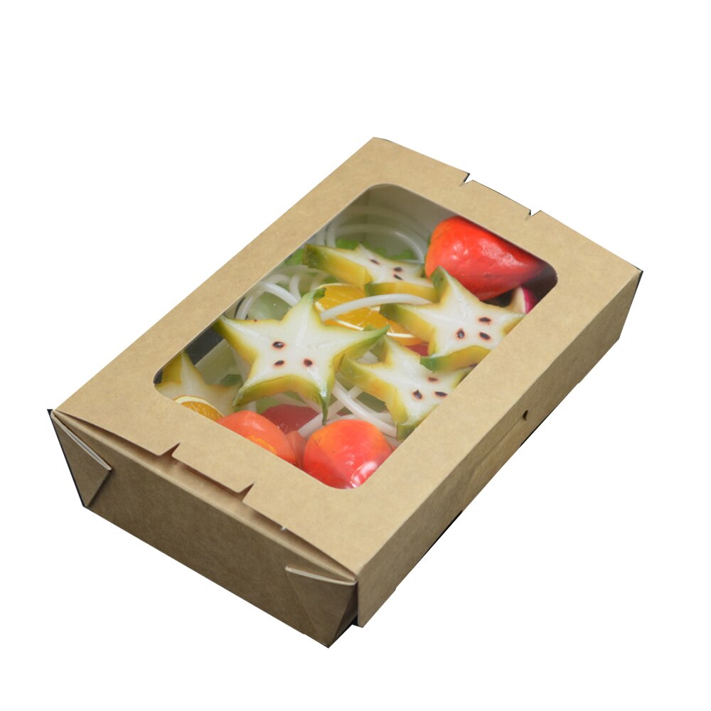 50pcs Brown paper packing box disposable transparent skylight fruit salad container（760ml/970ml/1470ml).