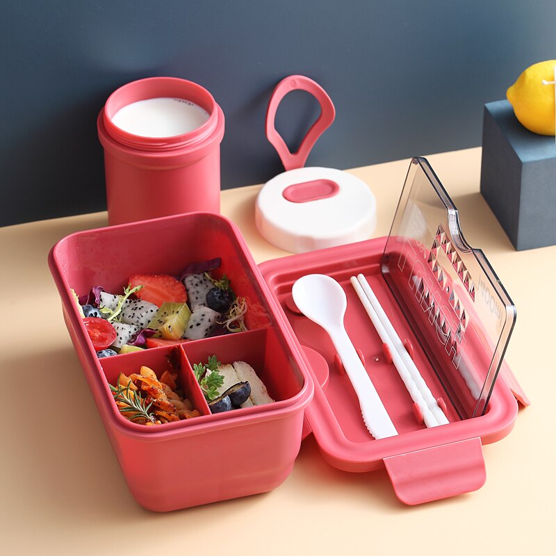 Grid Microwave Lunch Box Portable Japan Compartment Bento Box Simple Style Fruit Salad Container Storage For Kids With Tableware: RED add CUP
