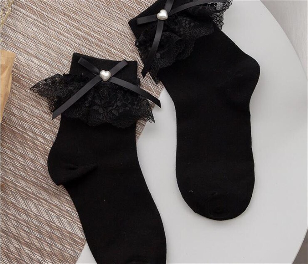 Chaussettes Lolita pour femmes, avec nœuds en dentelle et perles, B720: black