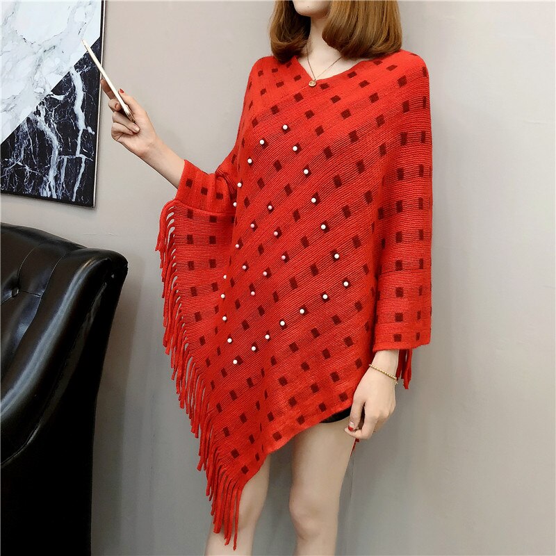 Plus løse oversized beading perler kvast poncho flagermus ærme kappe sweater strik wrap pullover party ol chaqueta: Rød som foto 1
