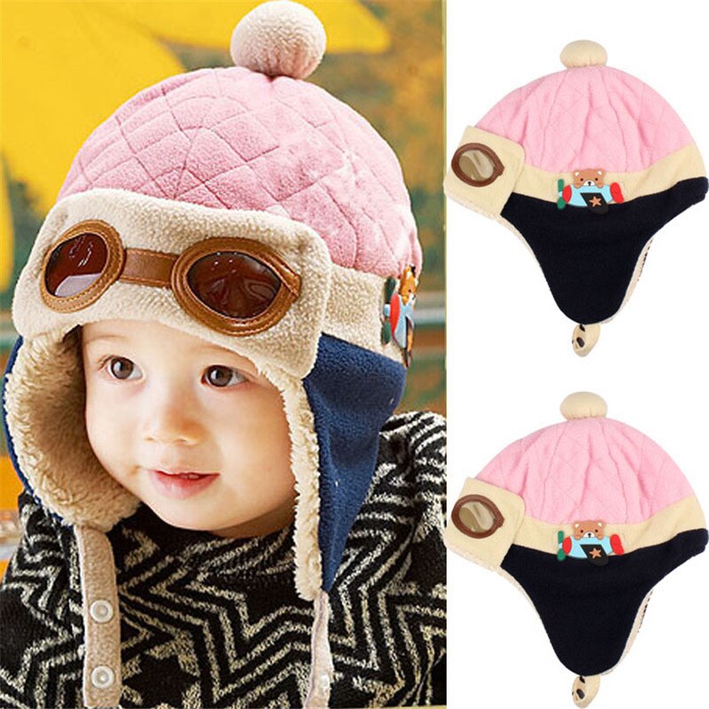 Winter Baby Kids Hoeden Lei Feng Cap Imiation Bont Jongen Meisje Winter Warm Glazen Beanie Pilot Haak Kind Oorklep Hoed katoen Blend