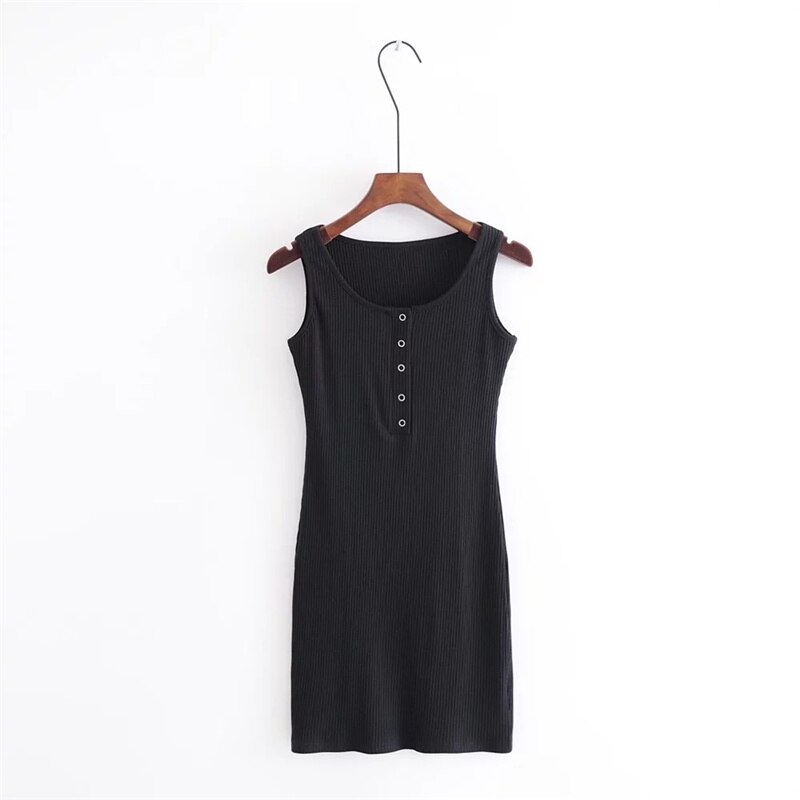 Ellacey Spring Summer Knitted Dress Female O-neck Button Brief Mini Dress Sleeveless Tank Sheath Bandage Dress: Black / M