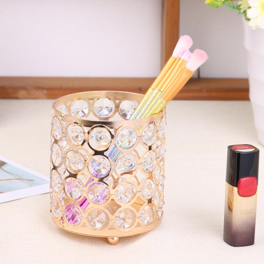 Metal Crystal Makeup Brushes Storage Tube Eyebrow Pencil Cosmetic Pens Holder Desktop Jewelry Box Organizer