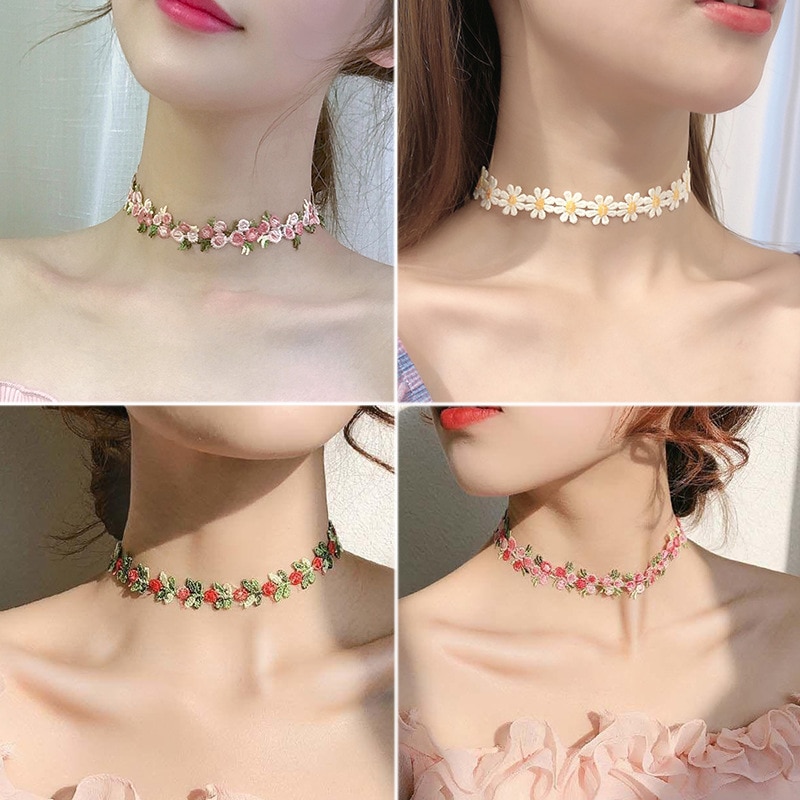 Collier de fleurs de jardin doux en dentelle, collier ras du cou, broderie de bonne pour femmes filles, romantique, accessoire Ins