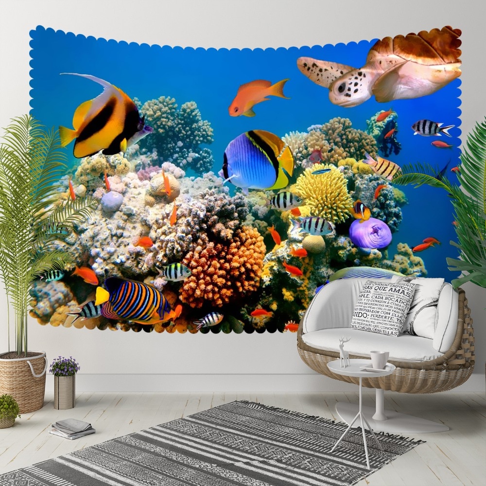 Anders Tropische Aquarium Geel Zwart Vissen Onder Zee 3D Print Decoratieve Hippi Bohemian Muur Opknoping Landschap Tapijt Muur Art