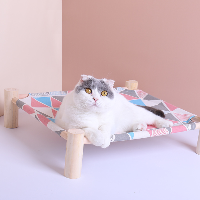 Hamaca de cuatro esquinas de madera maciza para gato, casa de lona, nido para gato, cama extraíble para perro y gato