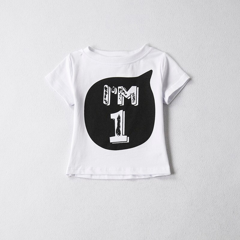 Unisex sommer t-shirt pige bomuld brev toppe baby pige tøj 1 2 4 år fødselsdag toddler dreng skjorter fest slid tøj: Hvid 1