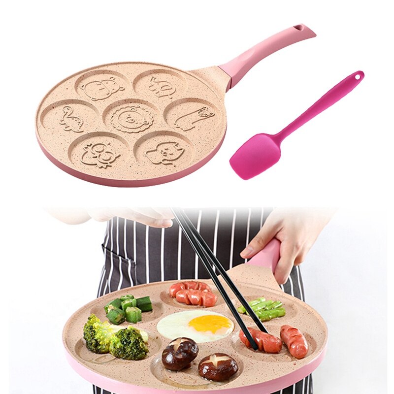 -7 Holes Pancake Mold Non-Stick Griddle Maker Animal Face Pancake Steak Cooking Egg Ham Pans with Silicone Spatula: Pink