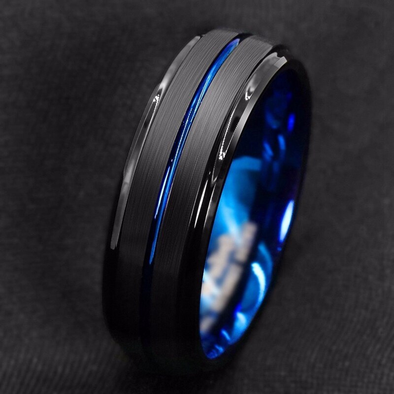 Anillo de acero de titanio con borde de escalera cepillado negro para hombre, 8mm, ranura azul, boda, , de joyería y anillos: 7