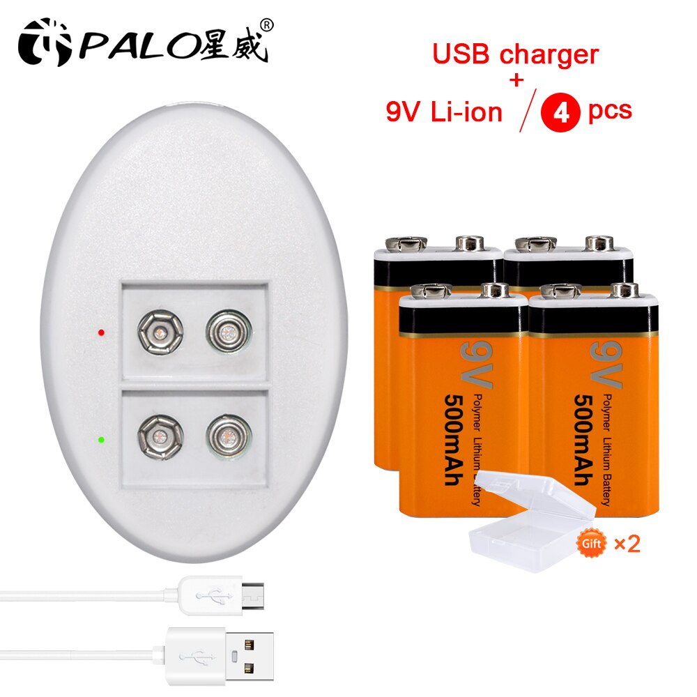 Palo 500 mah 9v li-ion genopladeligt batteri 9v batteri + smart 9v oplader til 9v nimh genopladelige li-ion batterier: 4 stk. og oplader