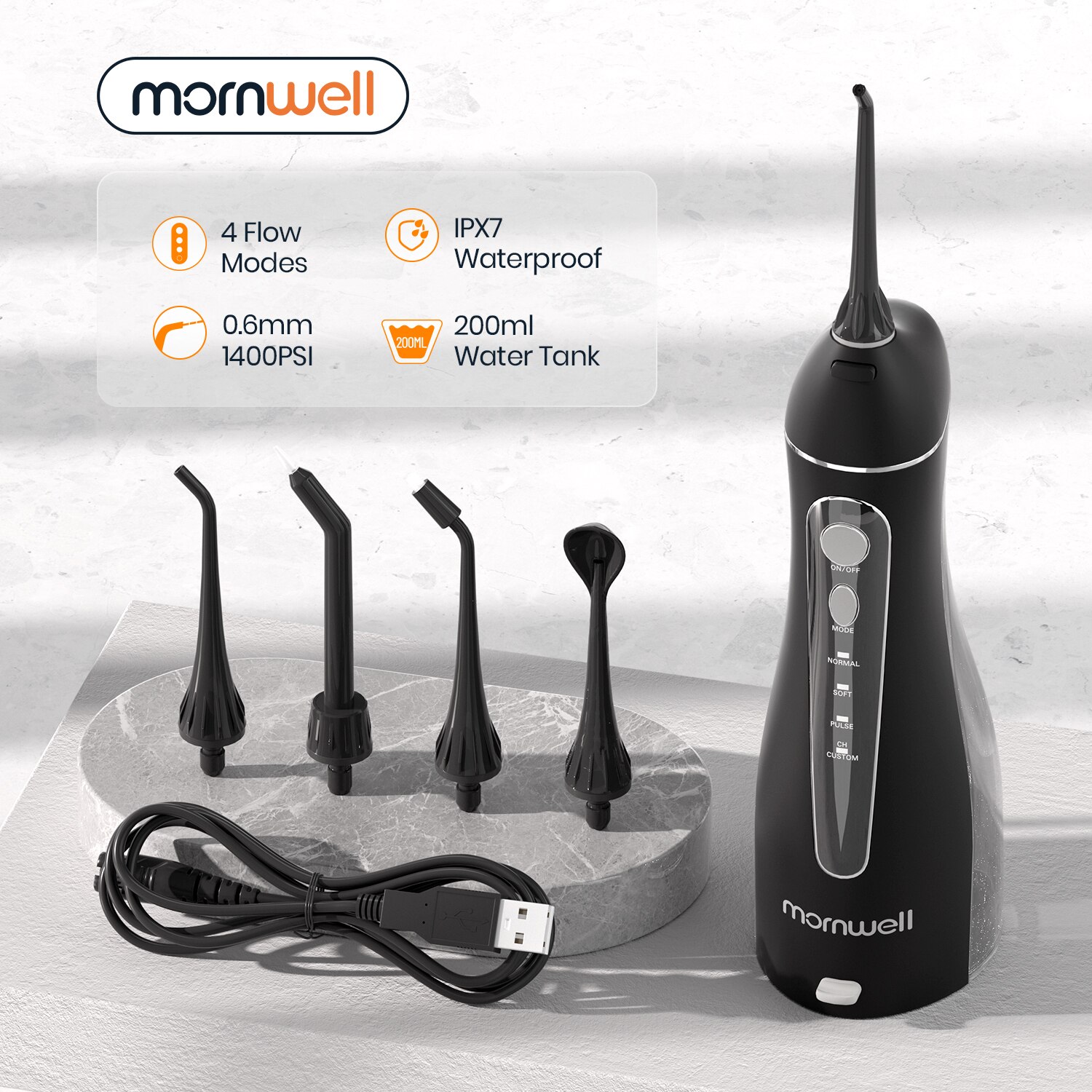 Mornwell – Irrigateur oral portatif avec sac de voyage,dispositif pour fil et soie dentaire, jet d&#39;eau, USB rechargeable, étanche, 5 buses, réservoir 200 ml,,