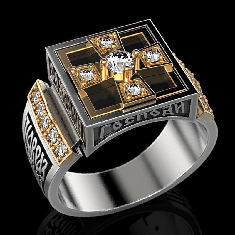 Classic Cross of Lorraine Signet Cool Punk Finger Silvery Rings Men Alloy Crystal Zircon Shiny Reinstone Jewelry