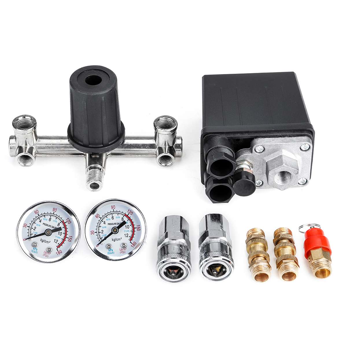 220V Air Compressor Pressure Switch Valve Pump Aluminium Alloy Control Valve Manifold Relief Regulator with Gauge 0-180 Psi