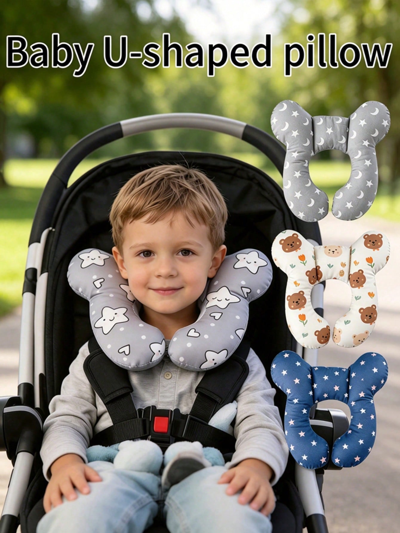 Cuscino a forma di U per bambini, cuscino da viaggio per neonati, motivo a cartoni animati morbido, traspirante e carino, cuscino morbido per il supporto della testa del bambino, adatto per seggiolini auto, passeggini e viaggi