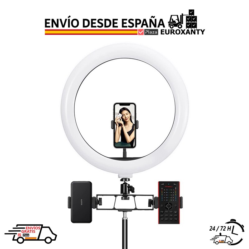 EUROXANTY®| Cerceau de lumière | 16cm 6 "| Anneau lumineux à LED | Cerceau de lumière avec trépied | Anneau de lumière | Maquillage | Tik Tok | Plaza España: Hoop 16cm + 2 Stands