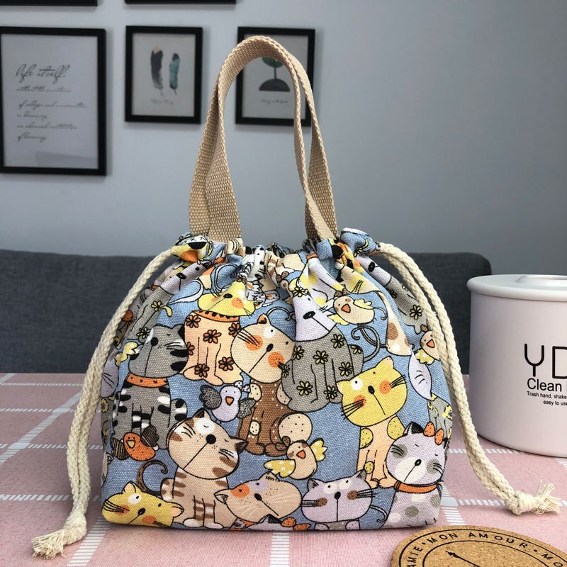 Canvas Print Picnic Lunch Bag Drawstring PortableTote Bag Food Storage Box for Women Cartoon Printing Fruit Thermal Bags: 8