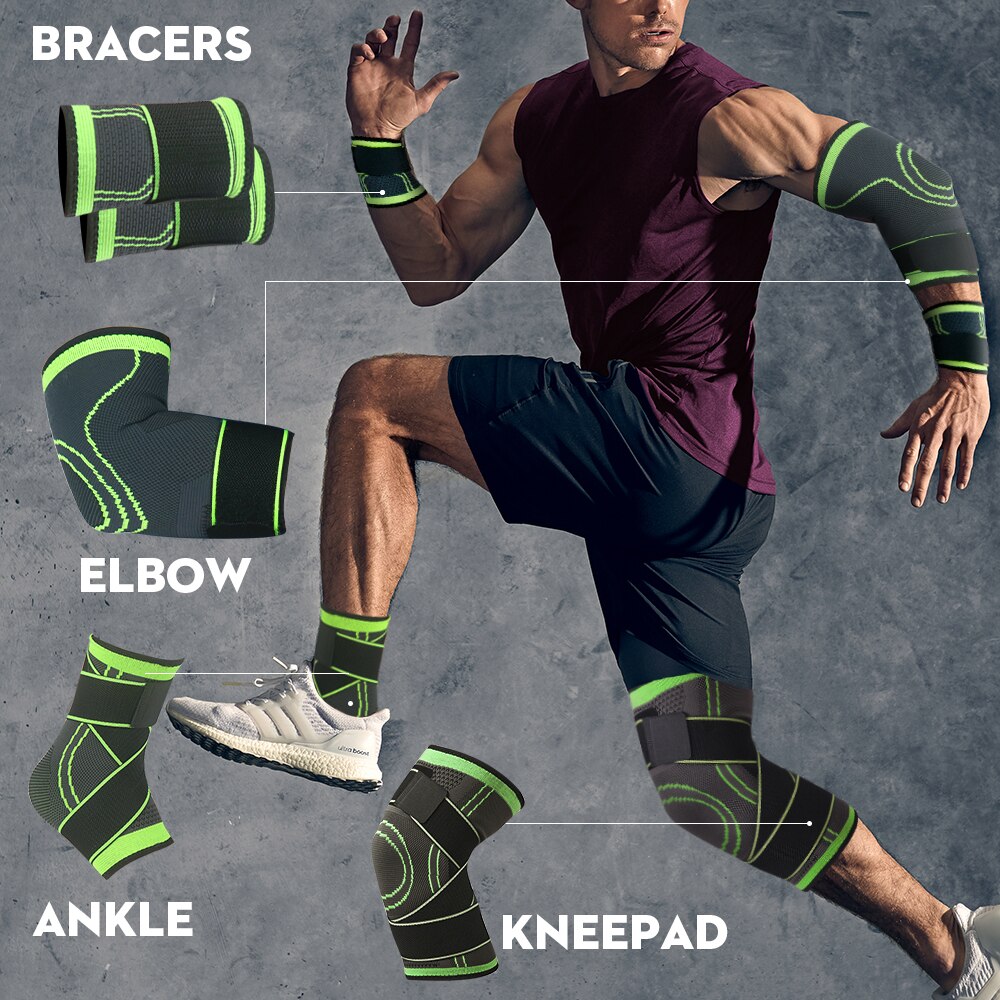 Skdk 4pc/ set compressie kniebrace sport hardlopen basketbal fitness fietsen tennis knie enkel elleboog pols ondersteuning set