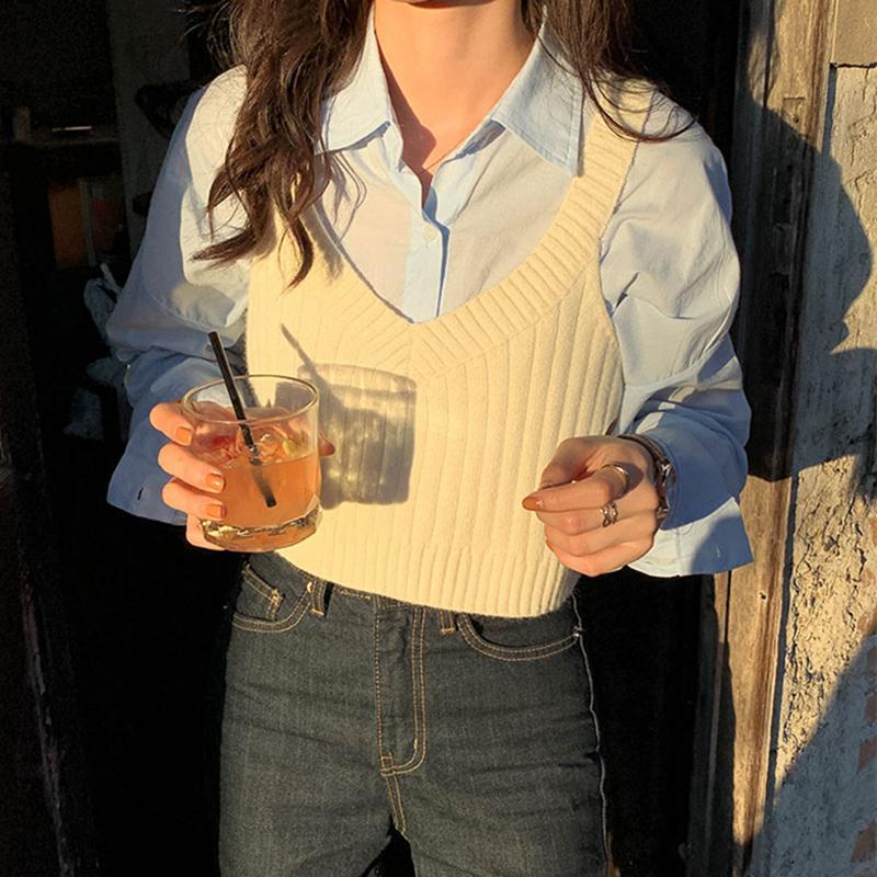 Sweater Vest Women Korean Style Crop Tops Leisure V-neck Trendy Sweet Sweaters Students Lovely Simple Solid All-match: beige / M