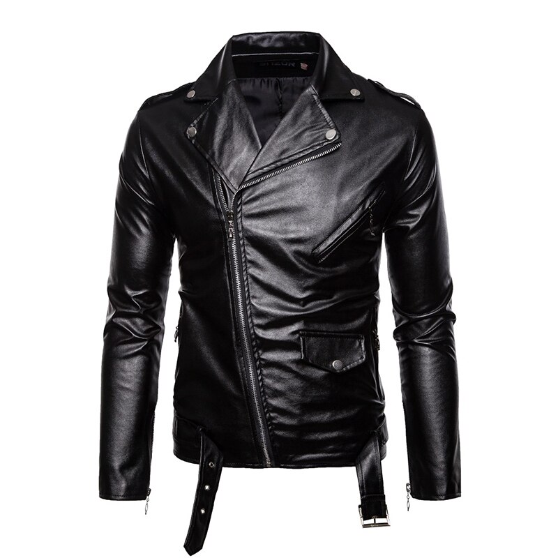 Autumn Men's Leather Jacket Button Zipper Motorcycle Leather Jacket Men Slim Fit Black Punk Jacket Male Faux Leather Coat: M