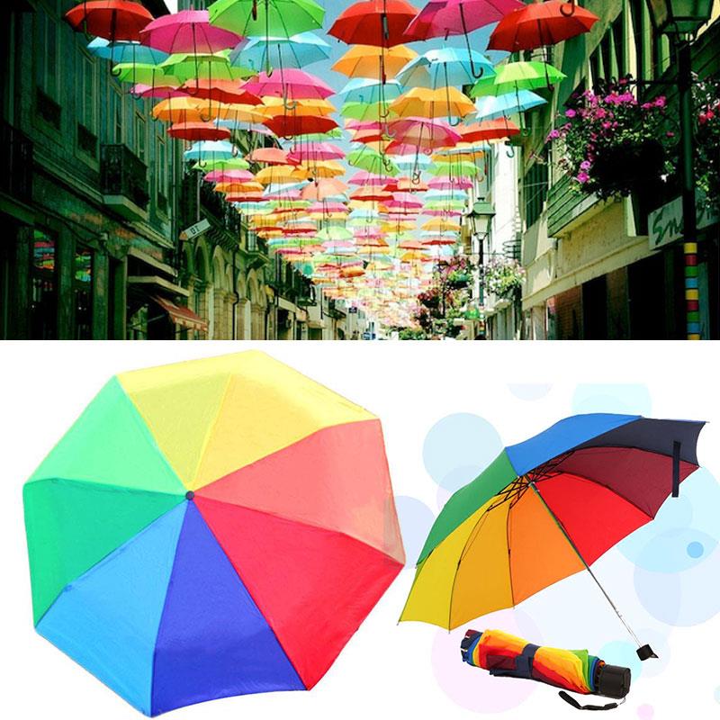 Rainbow Color Large Umbrella Umbrella Waterproof Compact Compact Compact Outdoor Anti-UV Parasols Protection Travel