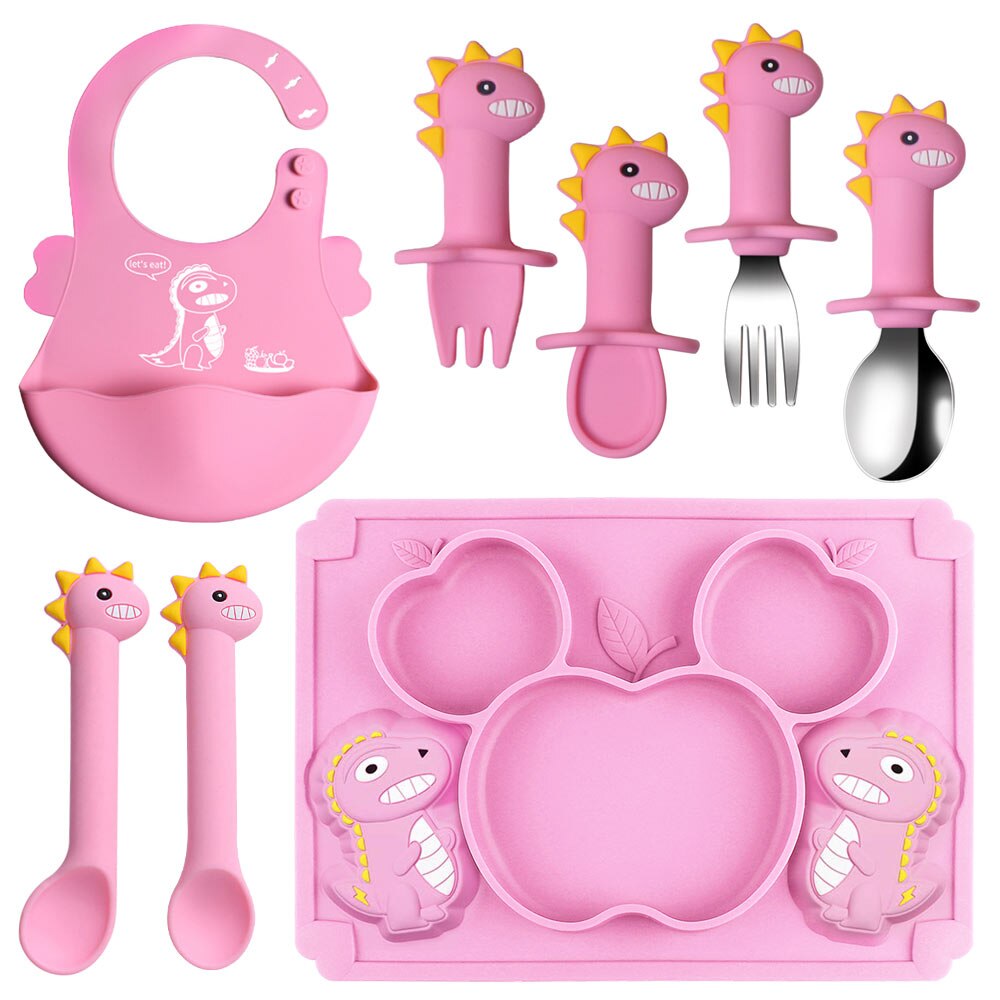 Silicone Baby Zuignap Plaat Slabbetjes Voeden Set Servies Bestek Kinderen Rvs Lepel En Vork Doseren Gerechten Din: Pink 8pcs