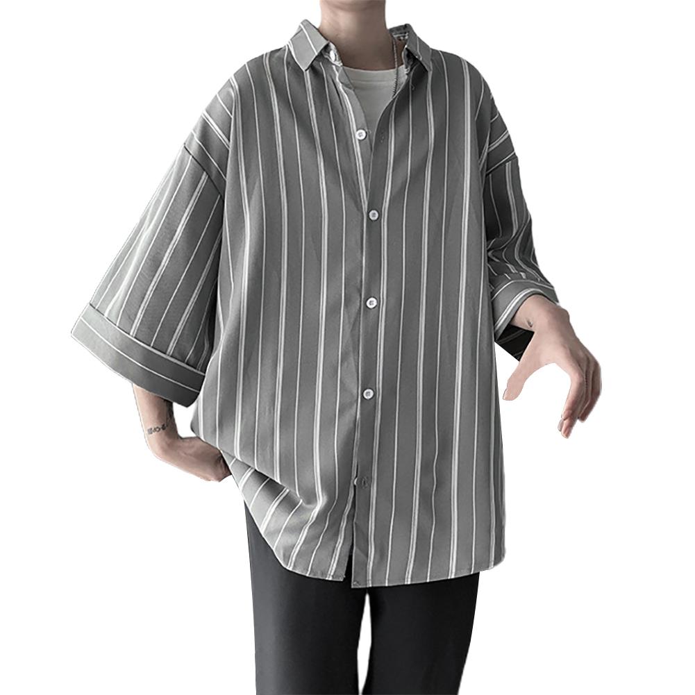 Striped Short Sleeves Turn-down Collar -Shoulder Men Loose Top Shirt Men's Clothing