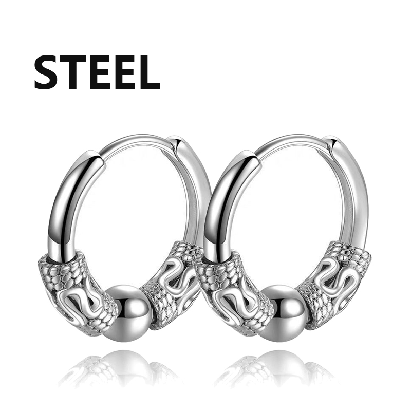 1 paire de boucles d'oreilles gothiques Punk en acier inoxydable pour hommes et femmes, Hip Hop Rock Vintage motif Dragon, cercle, bijoux: Rhodium plaqué