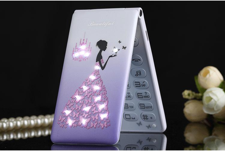 D11 flower Flip Mobile Phone With Dual SIM Card Cartoon Breath Light Camera Voiceking Women Girls MP3 Cute 2.4 Inch CellPhone
