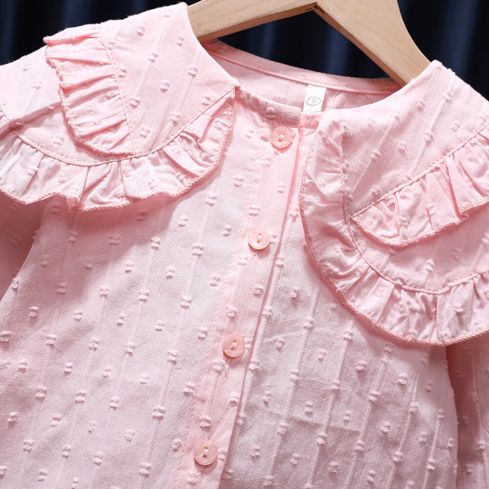 Vêtements pour filles de 1 à 8 ans, chemisier Jacquard rose solide, chemises de printemps, grand col à revers froncé, Double couche, Tops Camisas