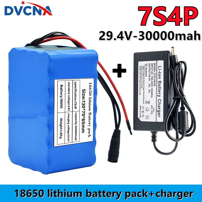 29.4V 30Ah high power 7S4P 18650 Lithium Battery pack with BMS 29.4V Electric bicycle electric car+29.4V2A charger
