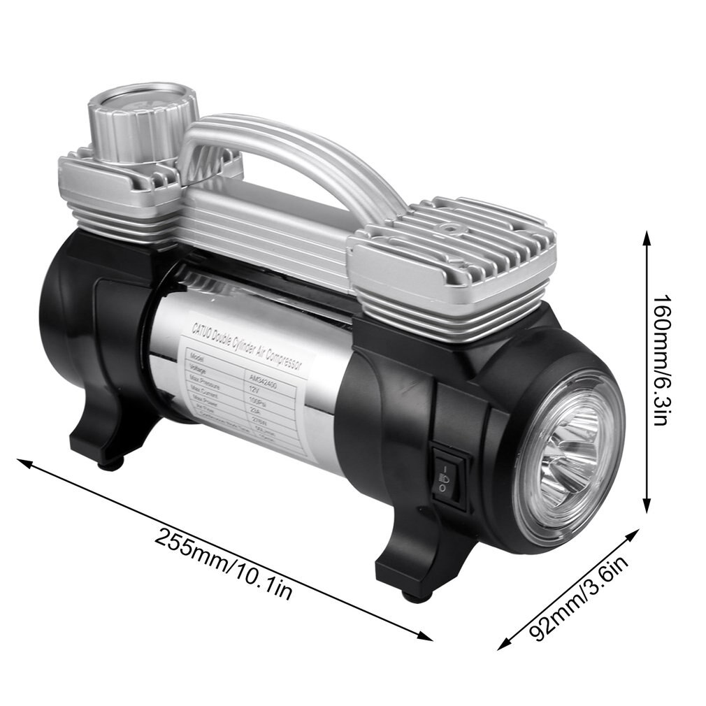 Portable Double Cylinder Air Compressor Tire Inflator High Power 12V DC Pump to 100 Psi With LED Light Thermal