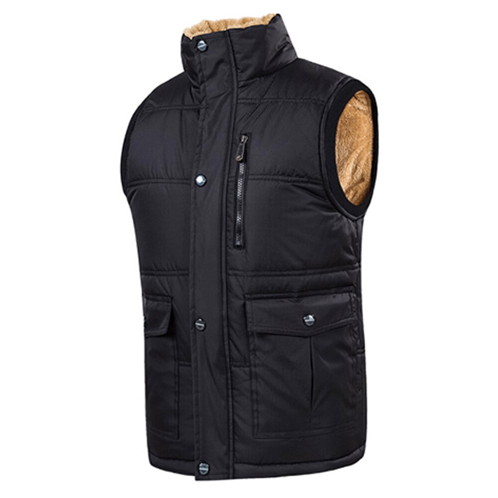 Plus Size Men Boy Winter Stand Color Fleece Lined Zip up Button Warm Waistcoat: Black / XXL